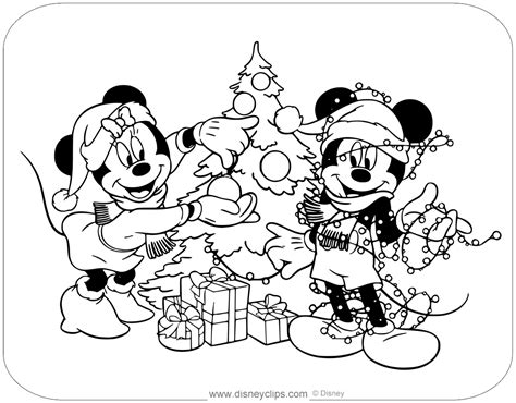 coloring page  mickey  minnie mouse decorating  christmas tree