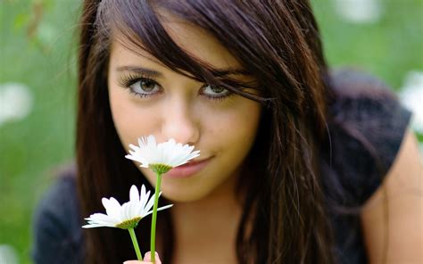 face eyes women brunette flowers white flowers