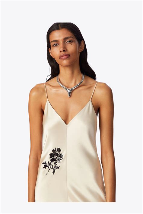 Tory Burch Satin Embroidered Flower Dress In Natural Lyst