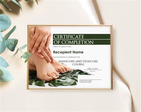 manicure pedicure  certificate  completion editable etsy
