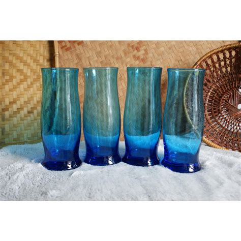 Set Of Four Blue Drinking Glasses Etsy