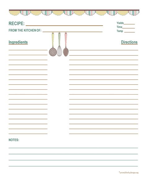 printable  full page recipe templates  word