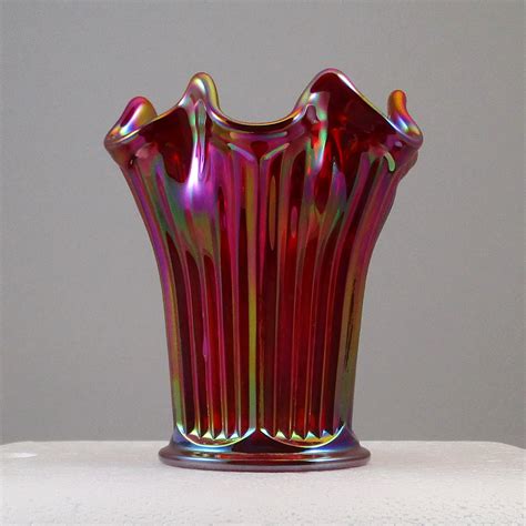 Mosser Red Fine Rib Carnival Glass Flared Squatty Vase 7