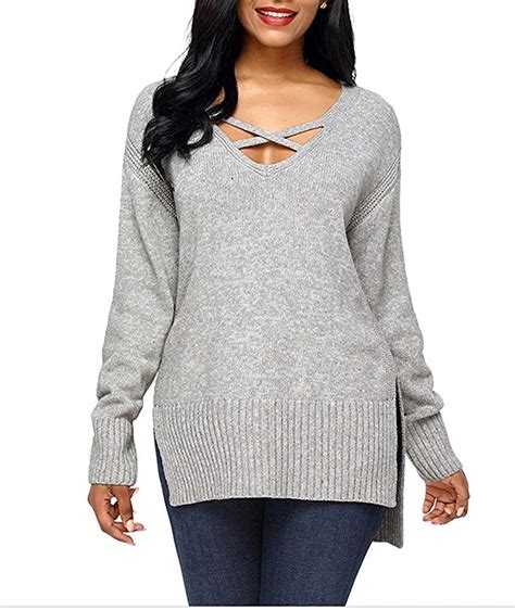 women criss cross v neck side slits high low knit sweater tops at