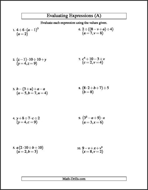 grade evaluating algebraic expressions worksheet worksheet resume