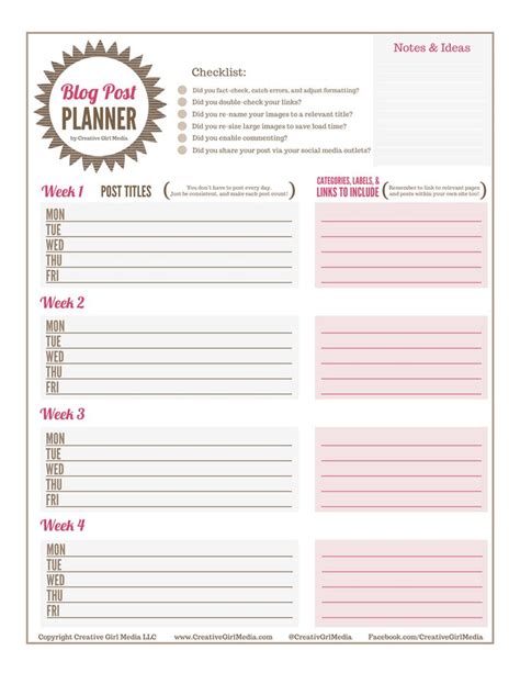 blog planning sheet     organization lists planner