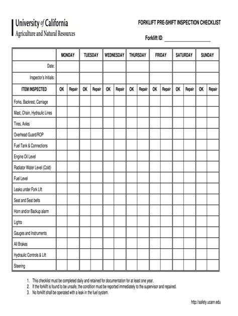 printable  weekly forklift inspection checklist template