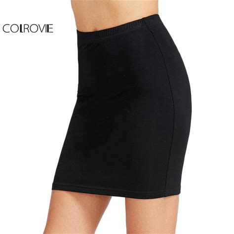 Colrovie Brief Pencil Skirt Women Black Elastic Waist Slim Sexy Bodycon