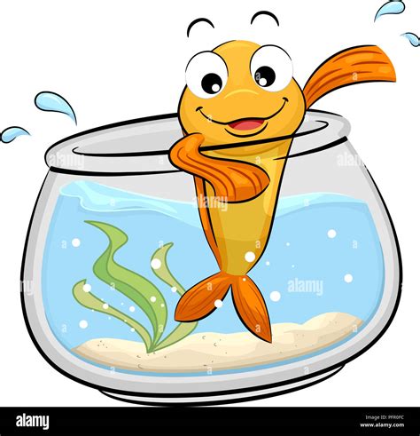 illustration   gold fish mascot waving   fish bowl stock