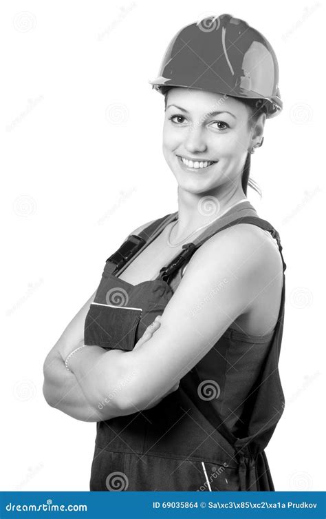 smiling female construction worker isolated  white stock photo image  pretty happy