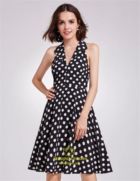 sleeveless black and white polka dot knee length v neck a line dress