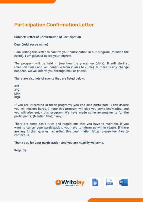 participation confirmation letter  templates writolay