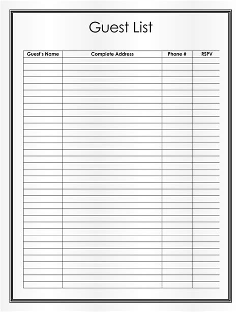 printable guest list template printable templates