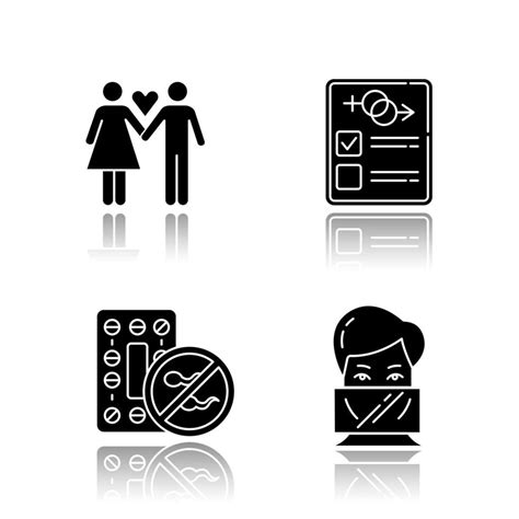 Safe Sex Drop Shadow Black Glyph Icons Set Only One Partner Monogamy