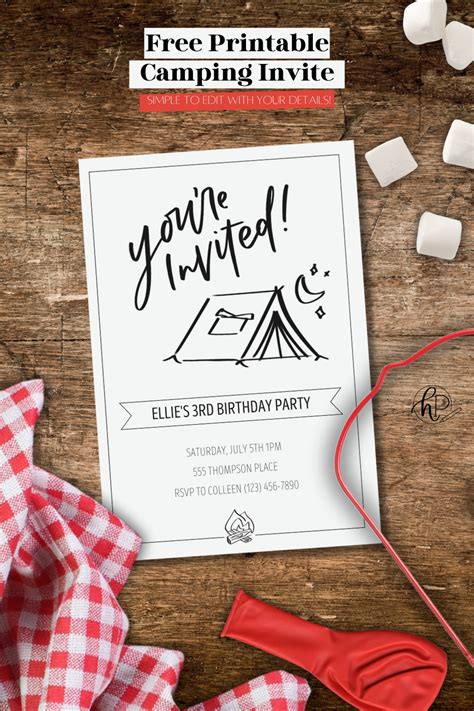 printable hand lettered invitation   camping party