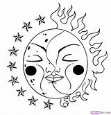Moon Sun Coloring Pages Stars Draw Celestial Drawing Clipart Step Trippy Outline Drawings Printable Adults Tattoo Color Adult Nature Kids sketch template