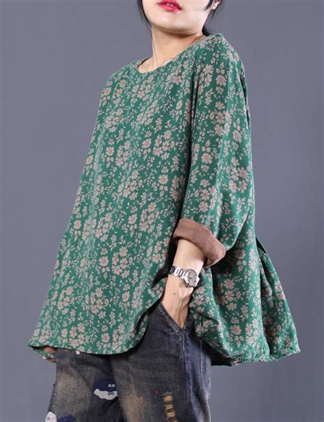 Buykud Women S Long Sleeve Pleated Loose Floral Print Tops Linen