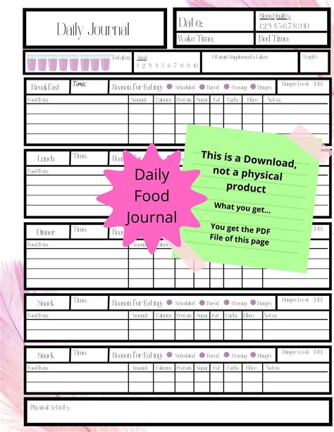daily food journal printable mindful eating bariatric surgery tracker