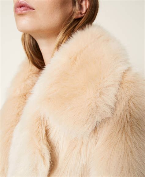 Double Breasted Faux Fur Coat Woman Beige Twinset Milano