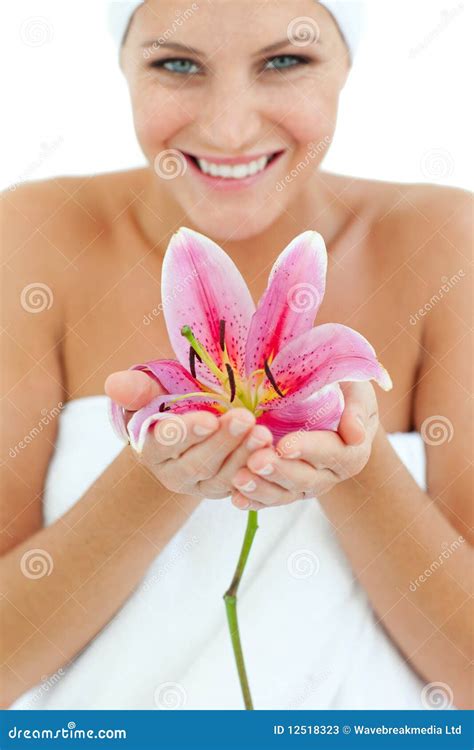 bright woman holding  flower stock image image  floral pamper