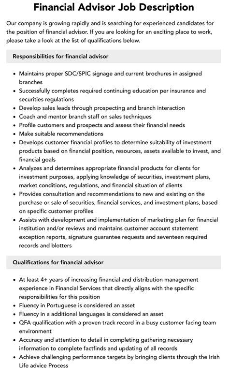 Financial Advisor Job Description Velvet Jobs