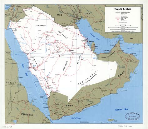 large detailed political map  saudi arabia  roads railroads ports airports  cities