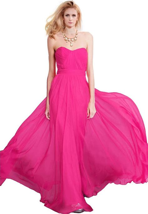 flowing strapless long hot pink chiffon bridesmaid prom dress