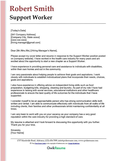 support worker cover letter examples qwikresume