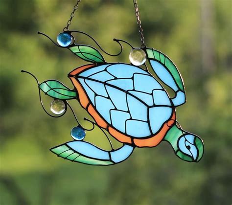 suncatcher stained glass art window hangings turtle home decor etsy