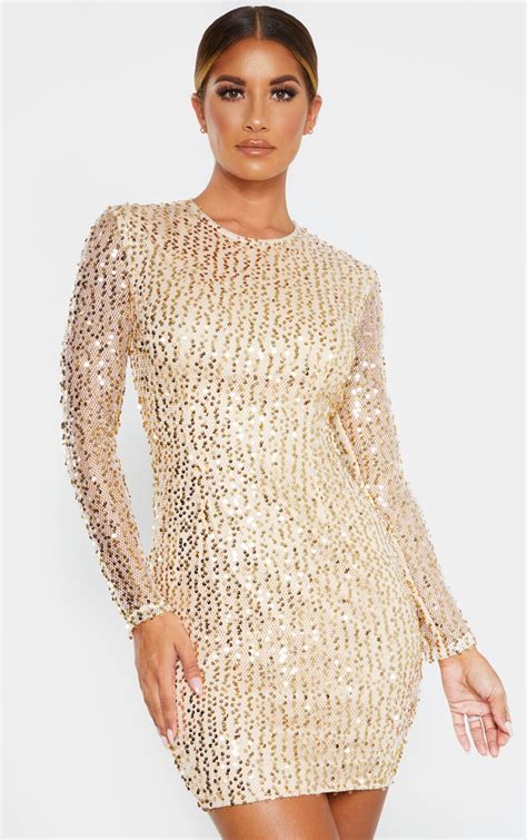 gold sequin long sleeved bodycon dress prettylittlething