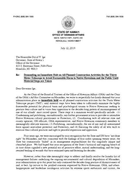 oha letter  governor ige dated july   hawaii politics