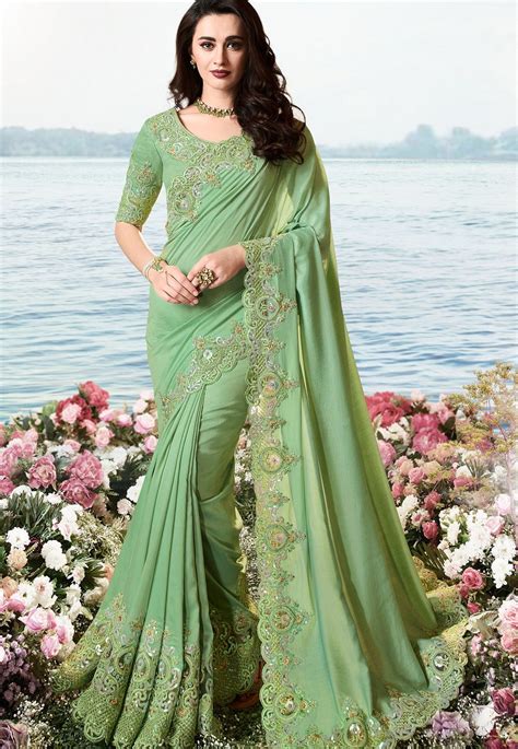 green satin silk heavy embroidered saree