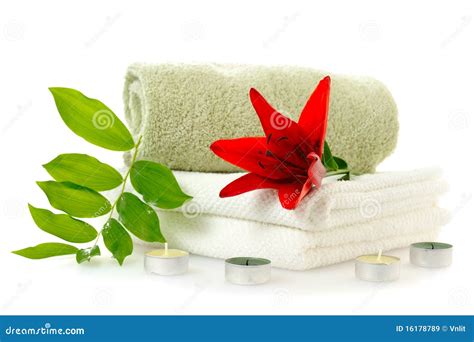 spa  red lily stock image image  towel nature