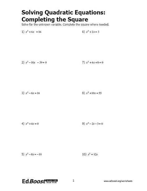 solving quadratic equations completing  square edboost worksheet