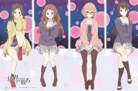 anime four girls hair buns crossed legs kyoto animation kyoukai no
