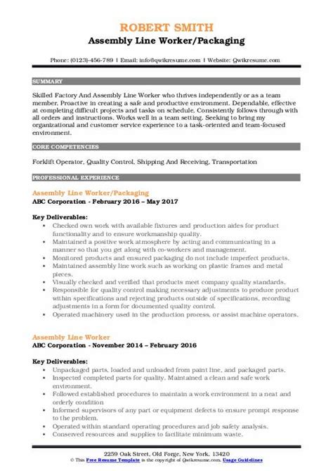 assembly  worker resume samples qwikresume