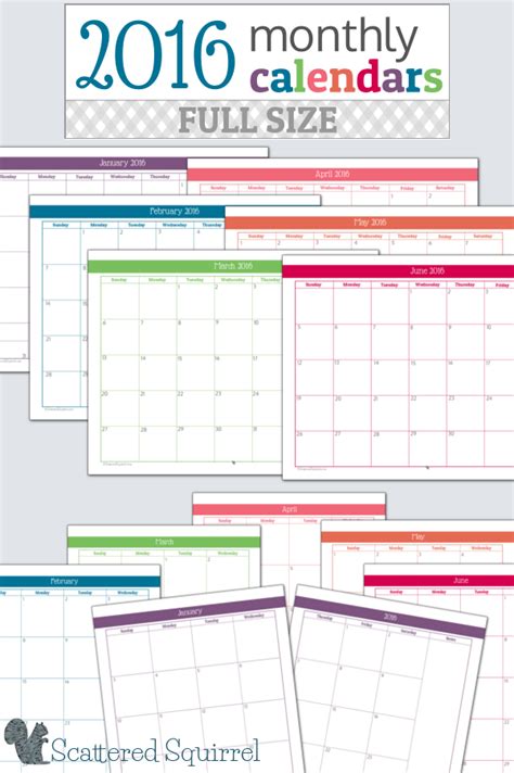 2016 monthly calendar printables full size edition