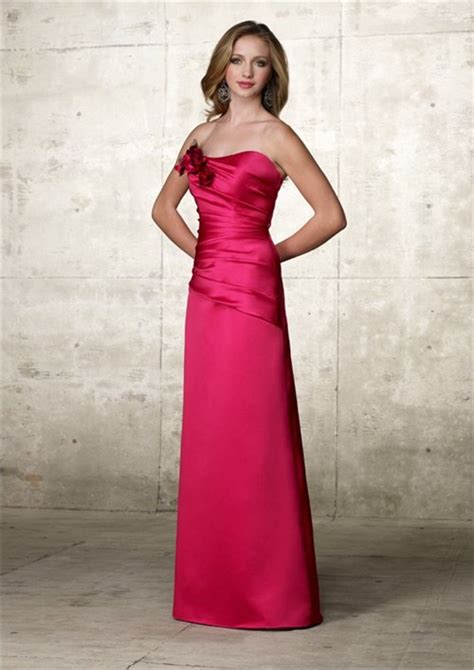 Elegant A Line Strapless Long Hot Pink Satin Wedding Guest