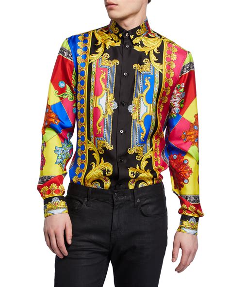 versace mens multi jewels printed long sleeve silk shirt neiman marcus