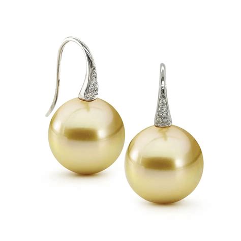 Golden South Sea Pearls With Diamond Set Hook Earrings Aquarian Pearls