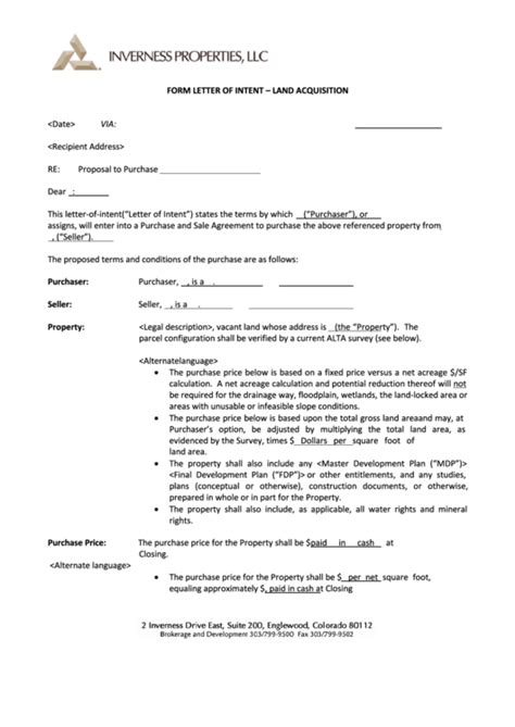 form letter  intent land acquisition printable