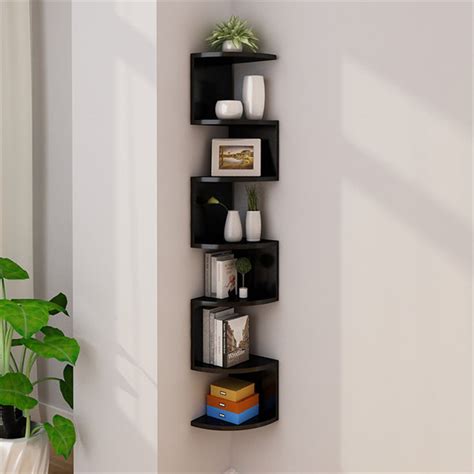 black white  tier wood wall mount shelves floating radial corner