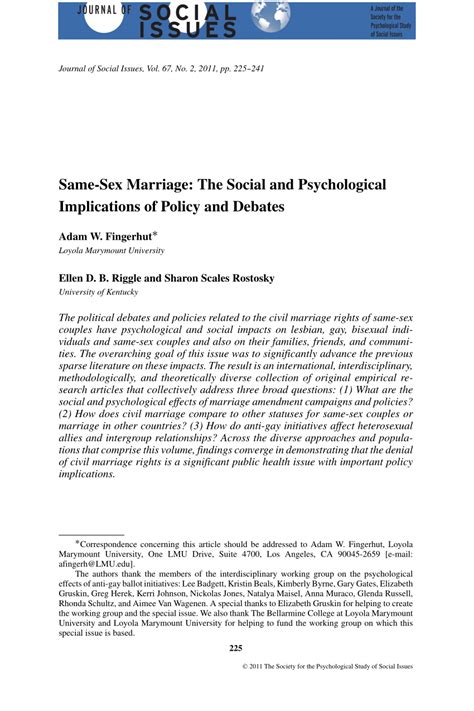 Pdf Same‐sex Marriage The Social And Psychological Implications Of