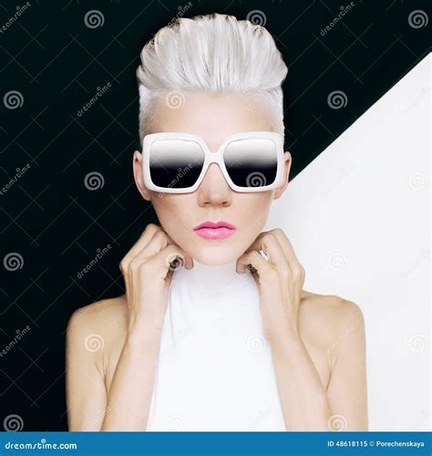Blonde Model In Trendy Sunglasses With Stylish Haircut Fashion Stock