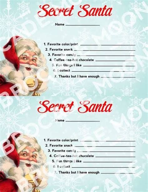 secret santa form samples   printable secret santa