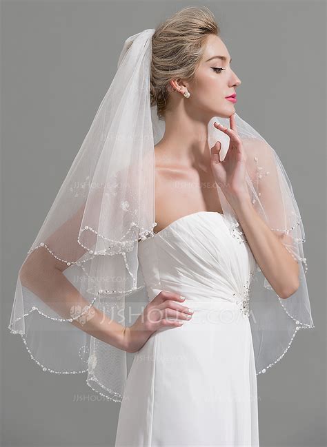 Two Tier Beaded Edge Fingertip Bridal Veils With Beading Faux Pearl