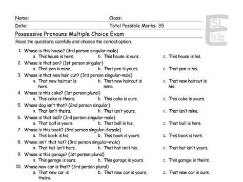 possessive pronouns multiple choice exam teaching resources