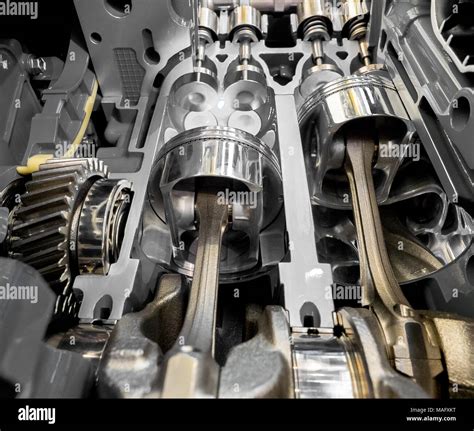 view  modern engine close  detail   pistons  cylinder   valvessome