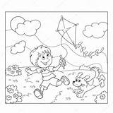 Coloring Outline Kite Cartoon Kids Stock Boy Dog Illustration Running Book Vector sketch template