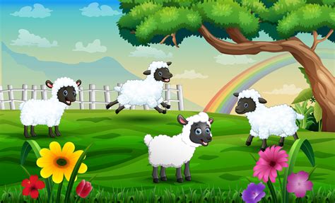dibujos animados de ovejas jugando en el prado sobre  fondo de arco iris  vector en